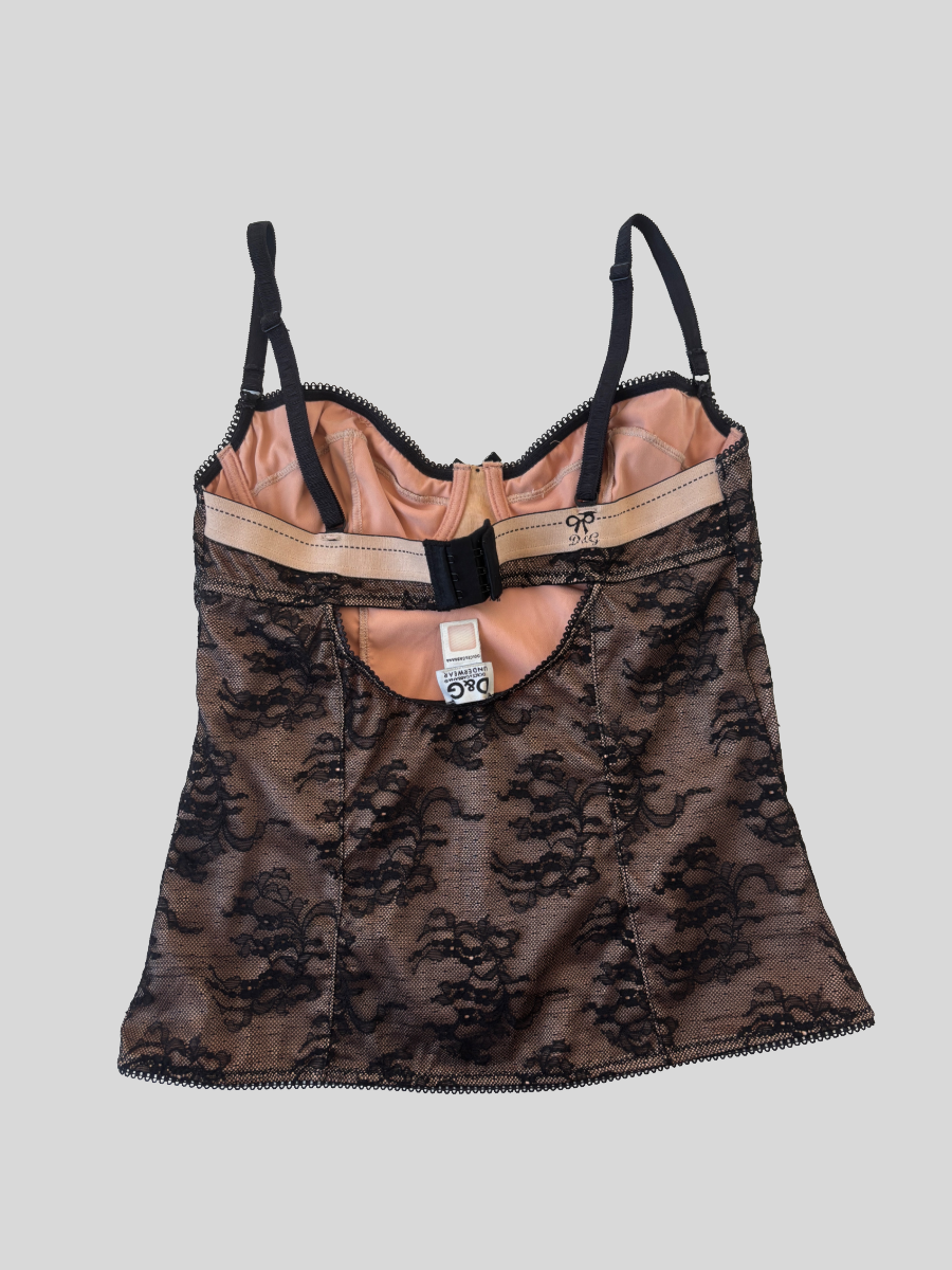 Vintage Dolce & Gabbana 2000s black lace bra corset top with sheer rose lining