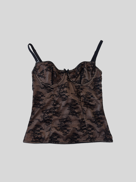 Vintage Dolce & Gabbana 2000s black lace bra corset top with sheer rose lining