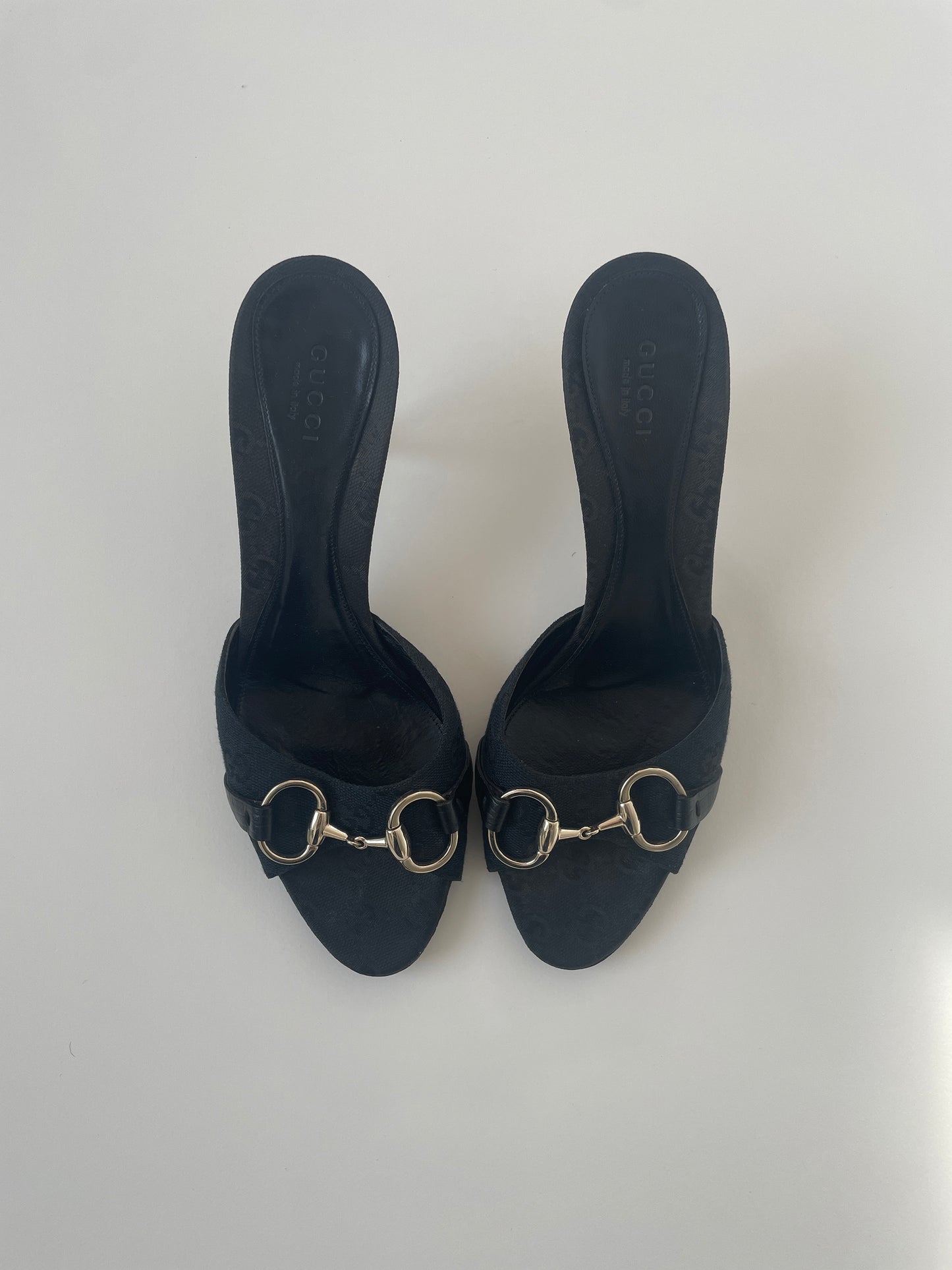Vintage Gucci 2000s black monogram sandal heels