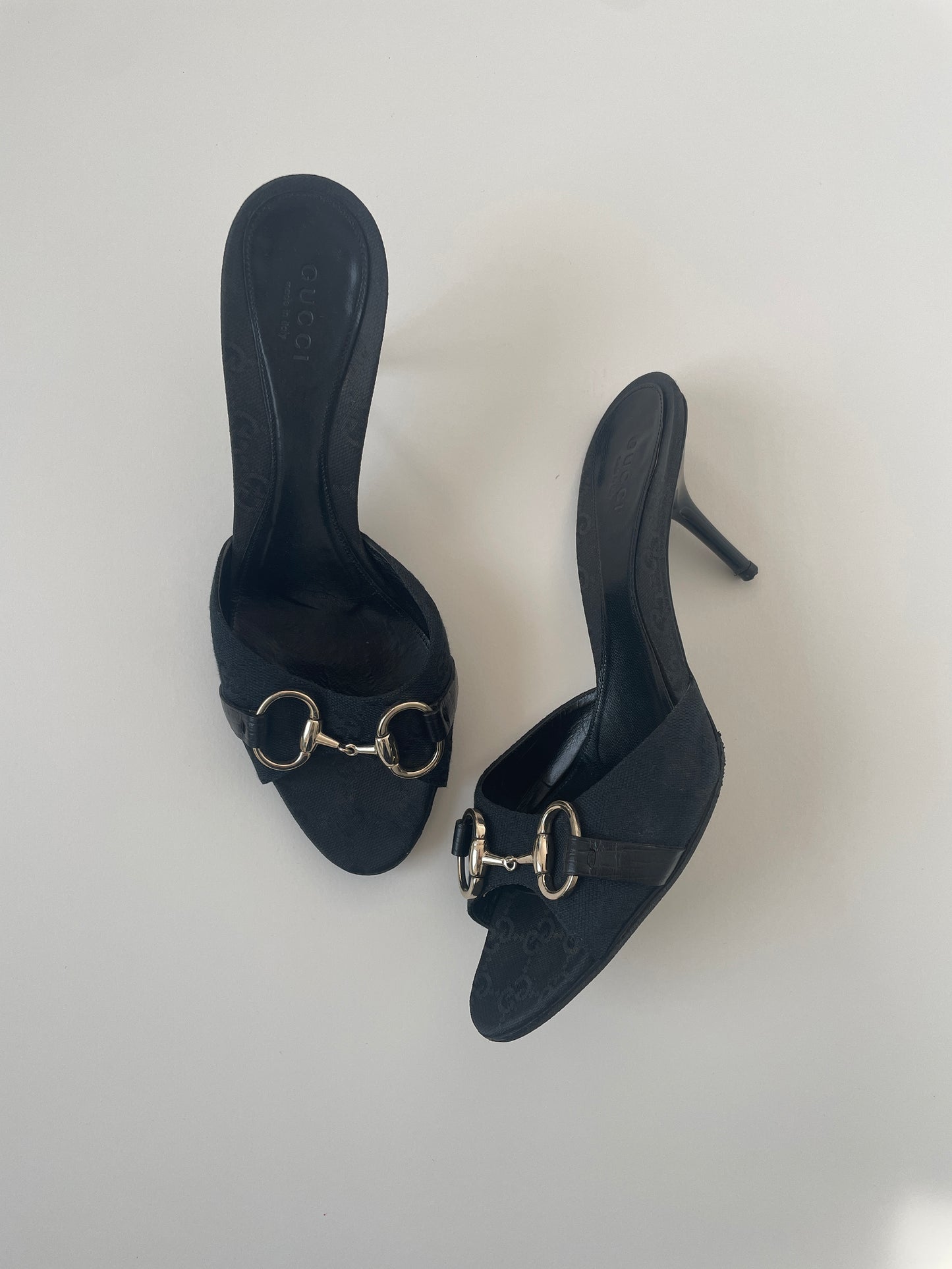 Vintage Gucci 2000s black monogram sandal heels
