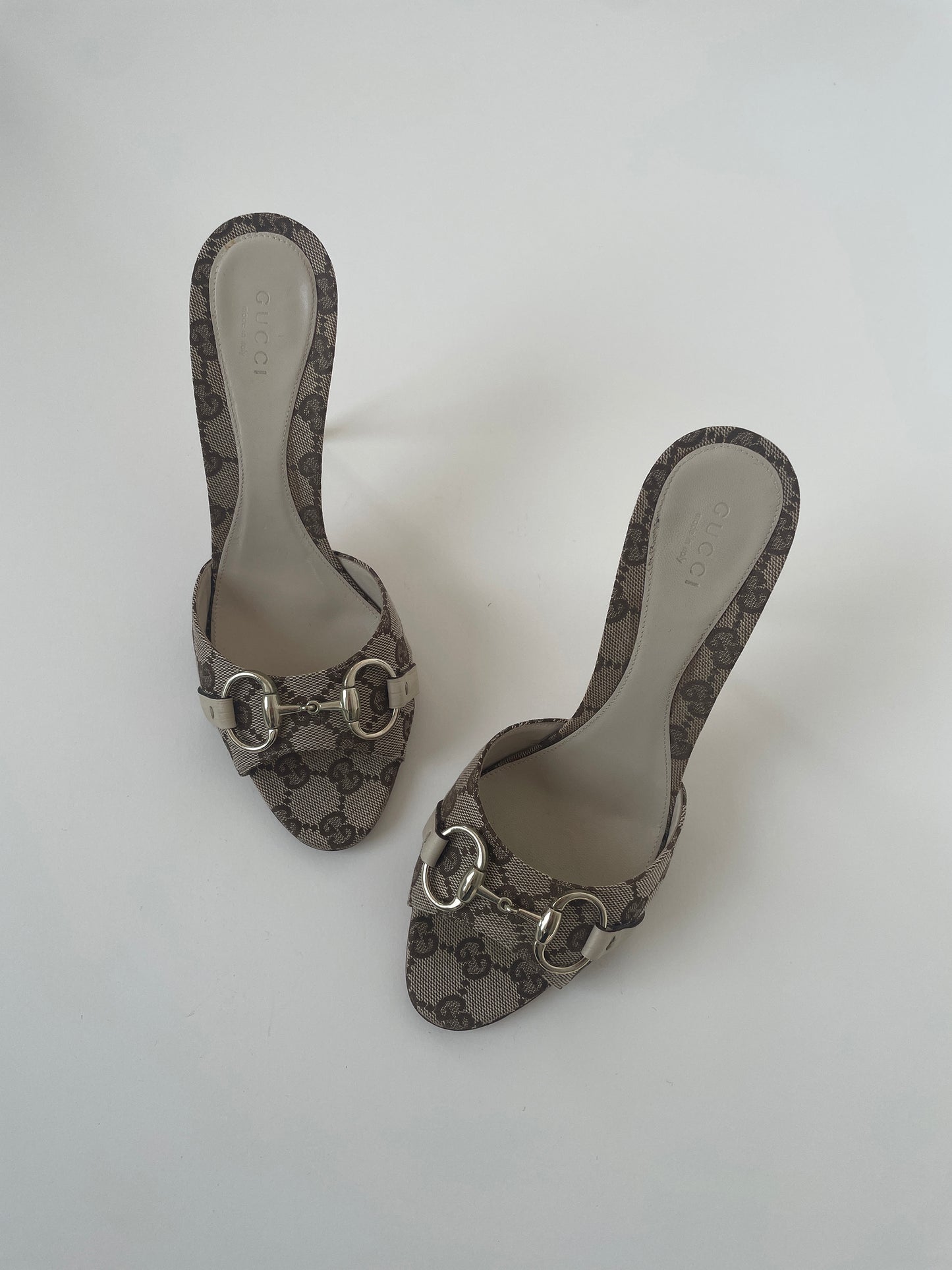 Vintage 2000s Gucci iconic beige horsebit monogram sandal heels