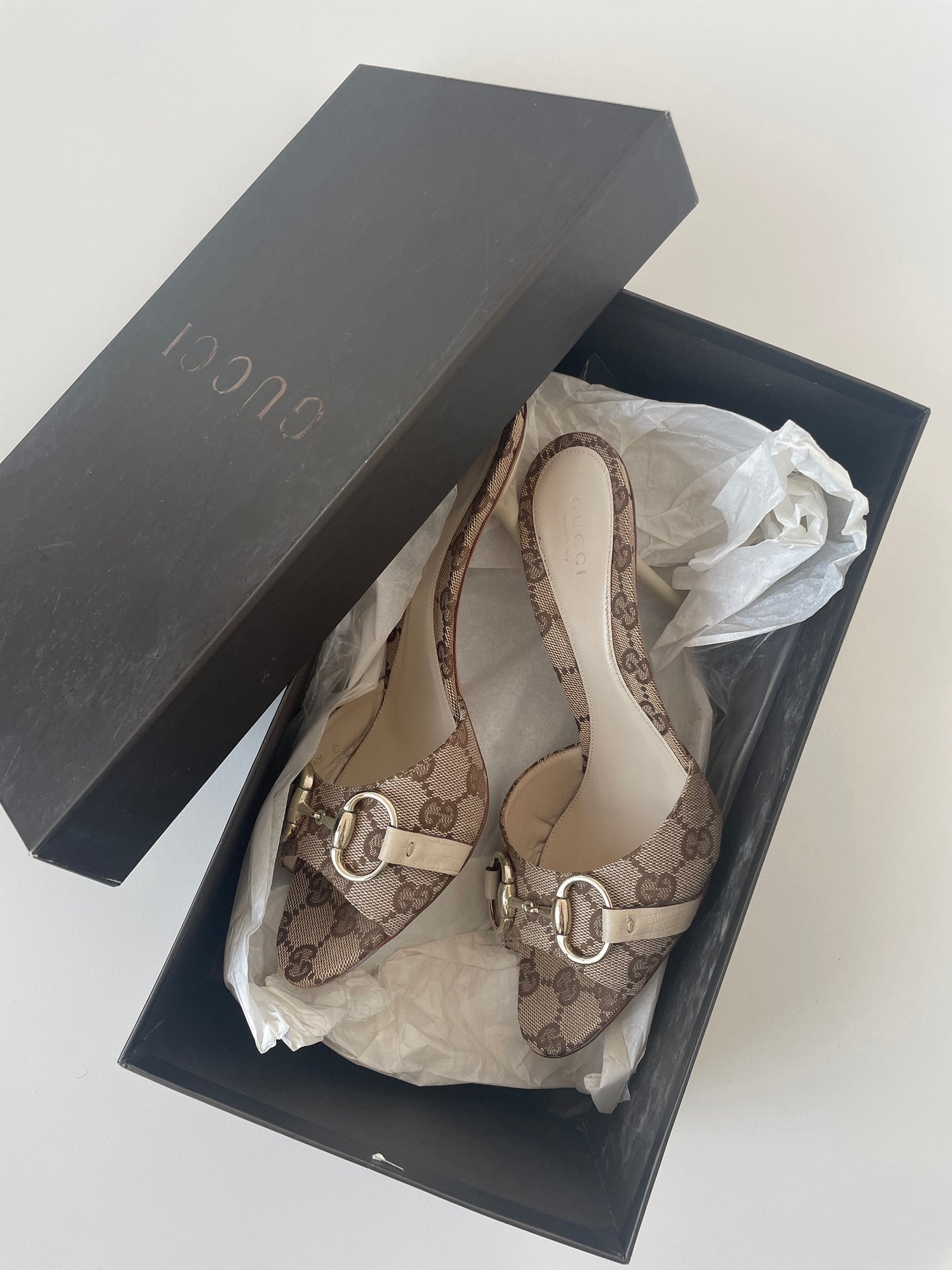 Vintage 2000s Gucci iconic beige horsebit monogram sandal heels