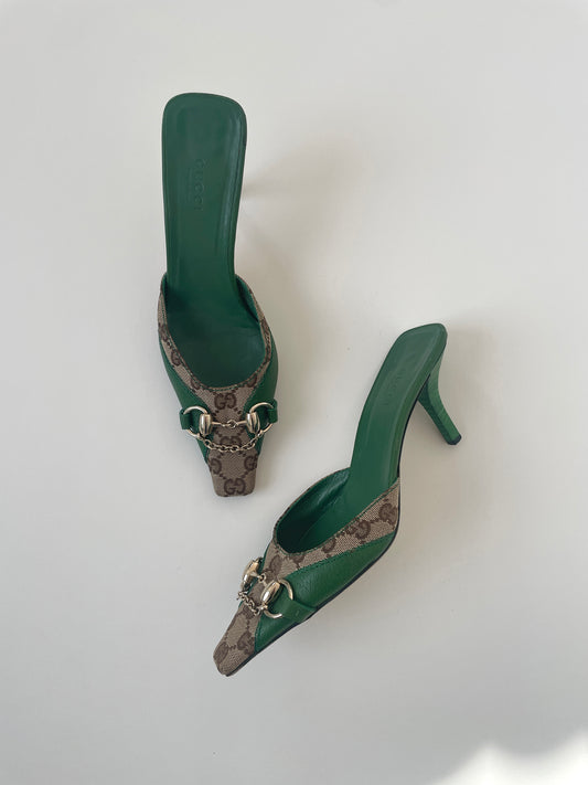 Gucci 2000s green chain & monogram mules