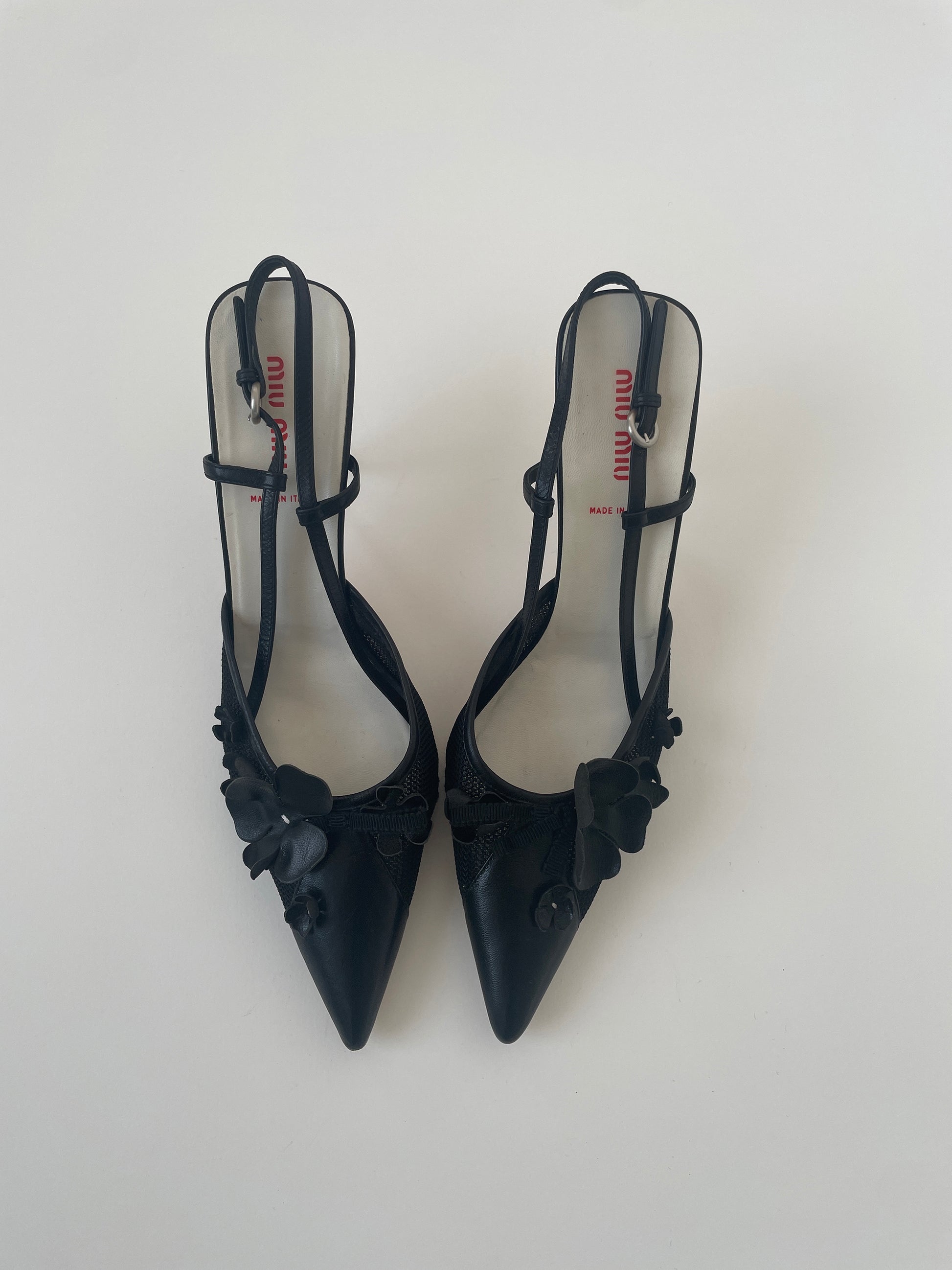 Vintage Miu Miu 2000s black floral mesh slingbacks with cute flower applications 