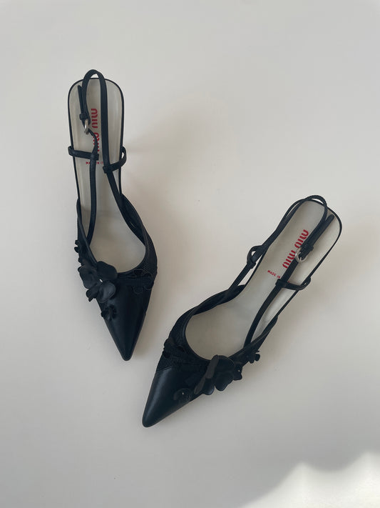 Vintage Miu Miu 2000s black floral mesh slingbacks with cute flower applications 