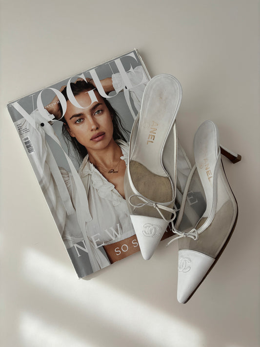 Chanel by Karl Lagerfeld 2000s iconic CC mesh white bow mules  (EU 38 / US 7,5)