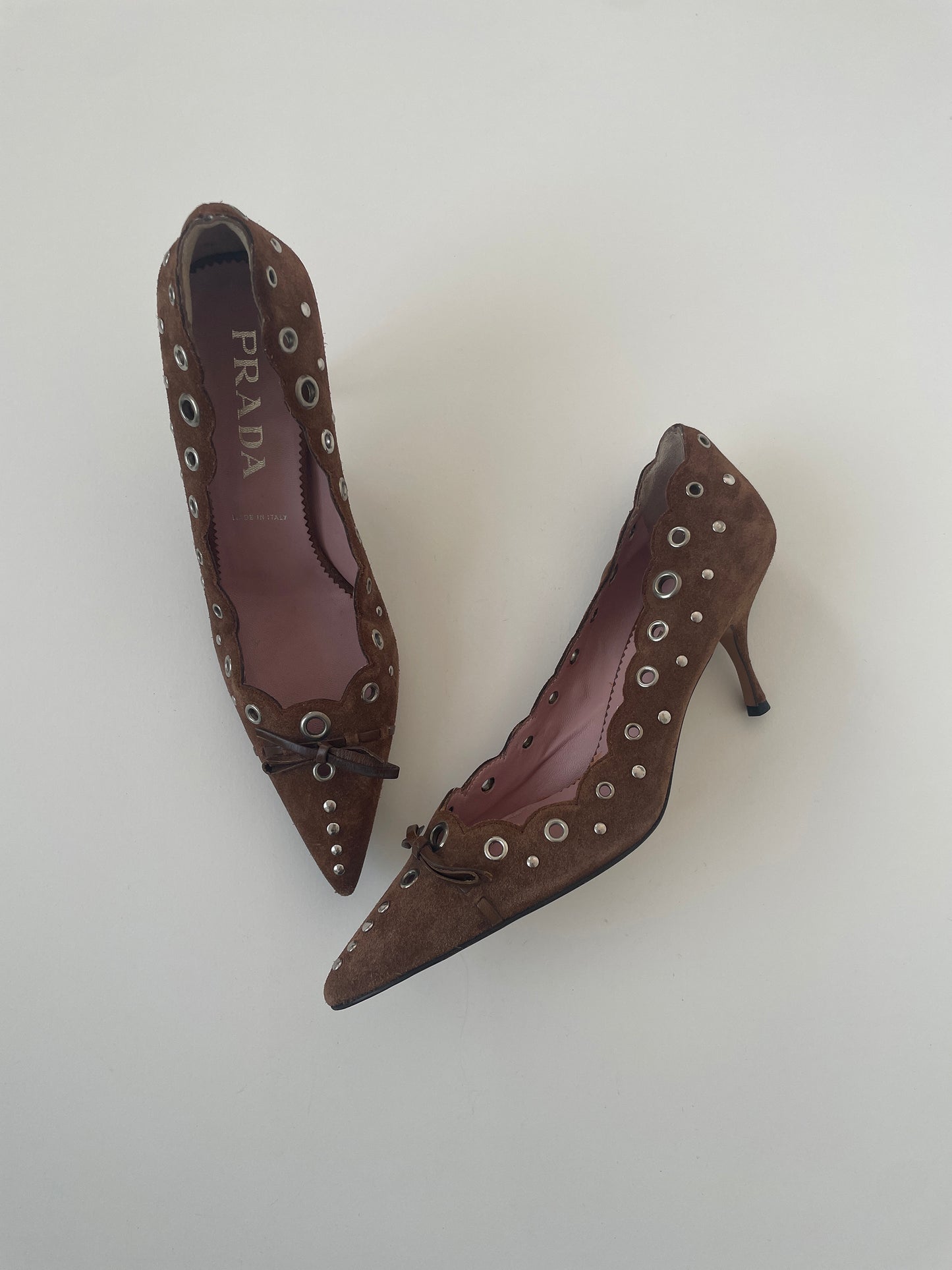 Iconic vintage Prada 2000s suede eyelet bow heels