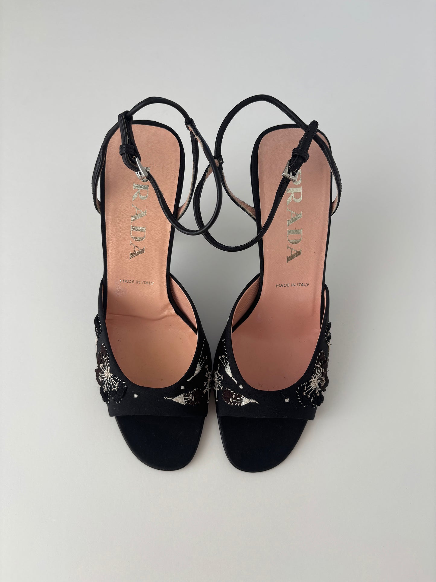 Prada 1990s iconic black embroidered butterfly kitten heel sandals UNWORN (EU 35 / US 4.5)