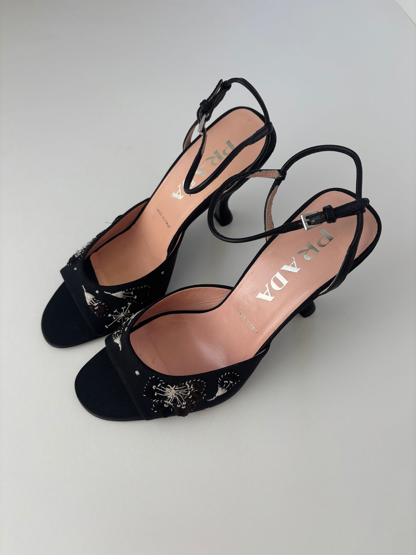 Prada 1990s iconic black embroidered butterfly kitten heel sandals UNWORN (EU 35 / US 4.5)
