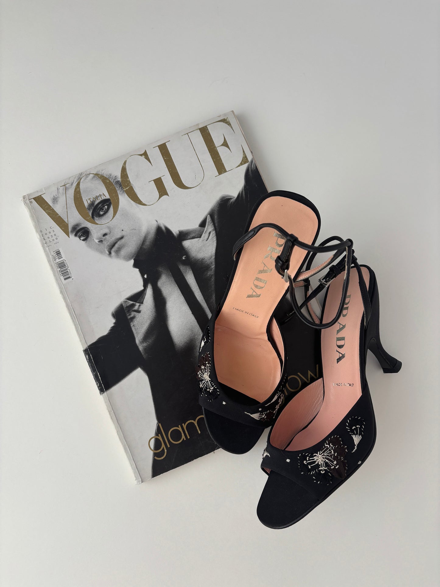 Prada 1990s iconic black embroidered butterfly kitten heel sandals UNWORN (EU 35 / US 4.5)