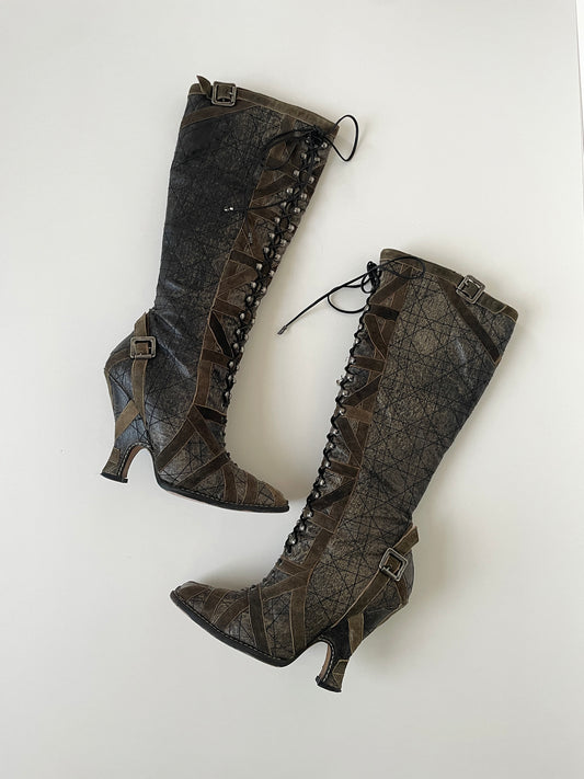 Vintage 2000s Christian Dior by Galliano distressed runway knee high lace boots