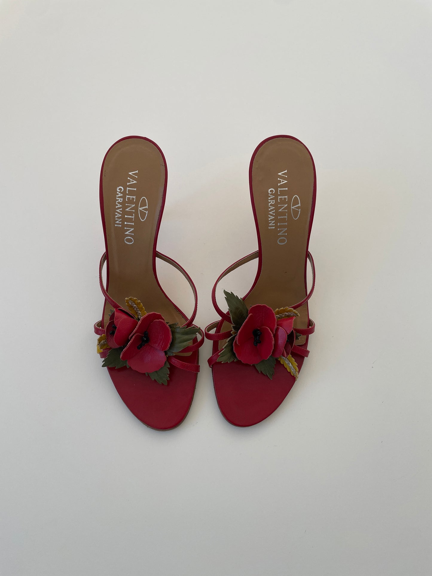 Vintage Valentino Garavani red flower application sandal heels