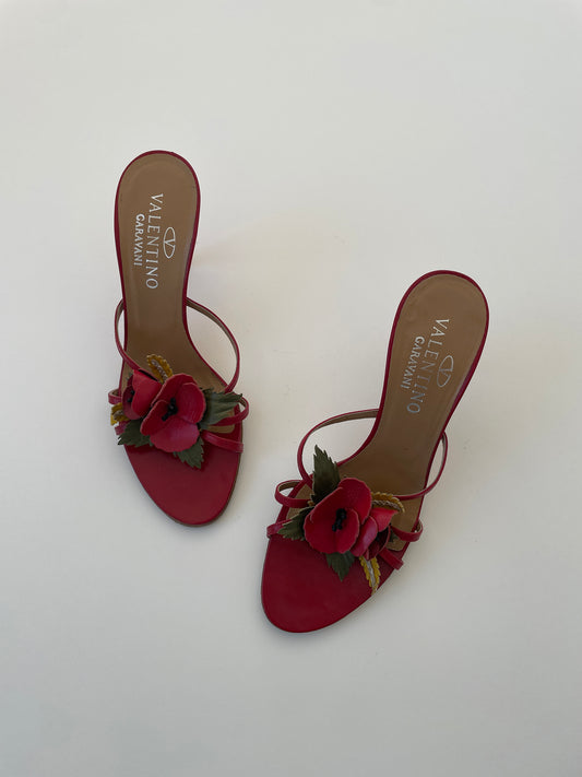 Vintage Valentino Garavani red flower application sandal heels