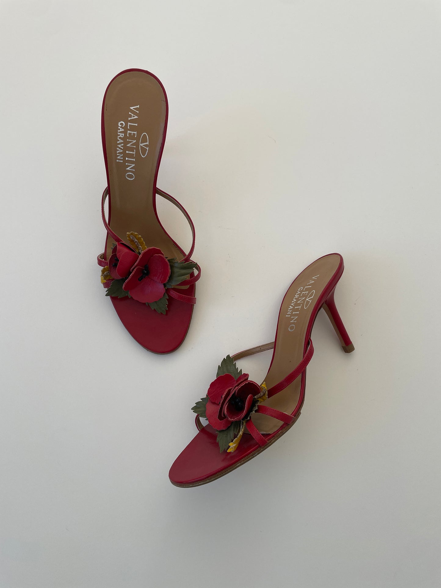 Vintage Valentino Garavani red flower application sandal heels