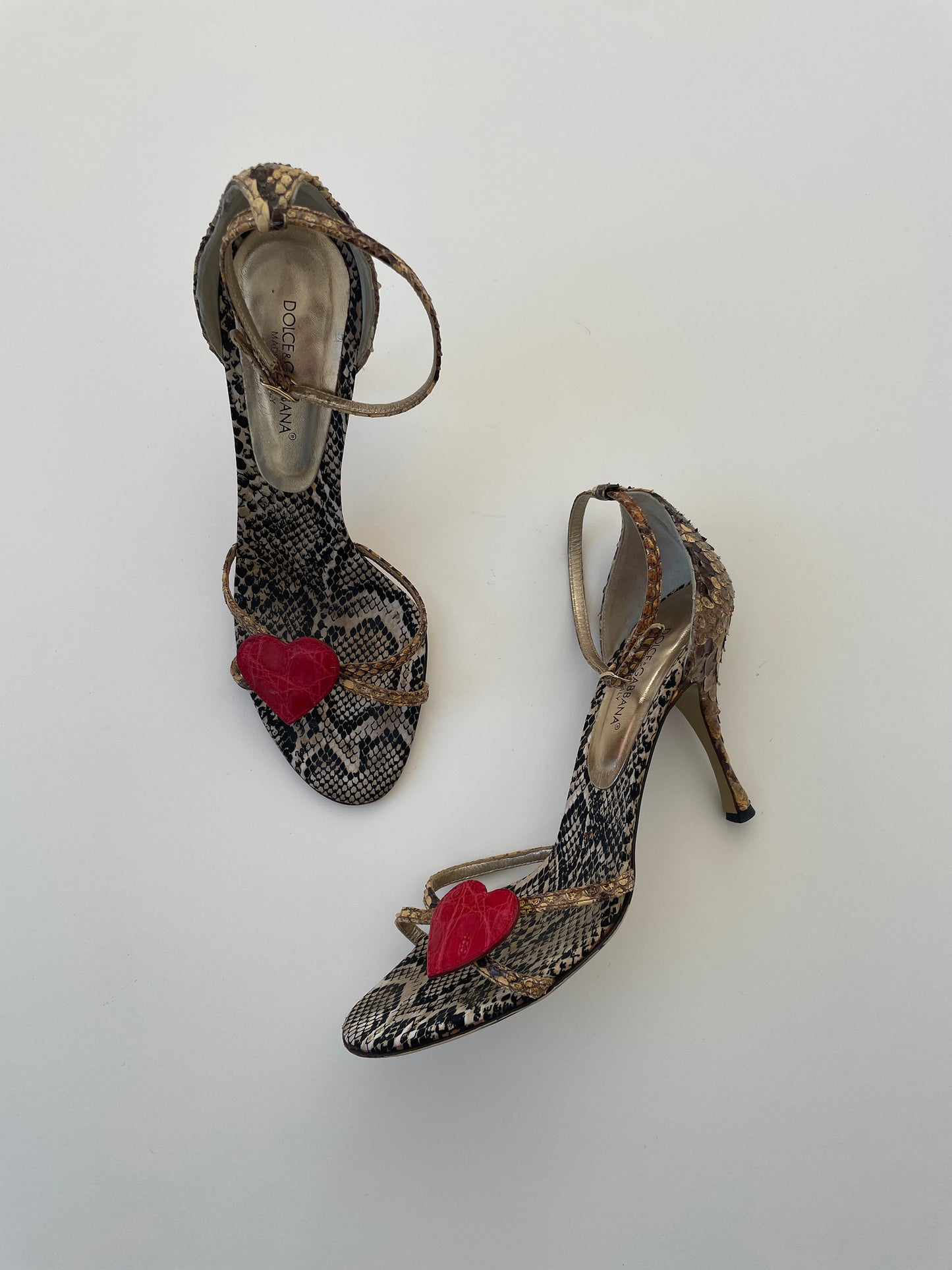 Vintage Dolce &amp; Gabbana golden python kitten heels with cute heart application