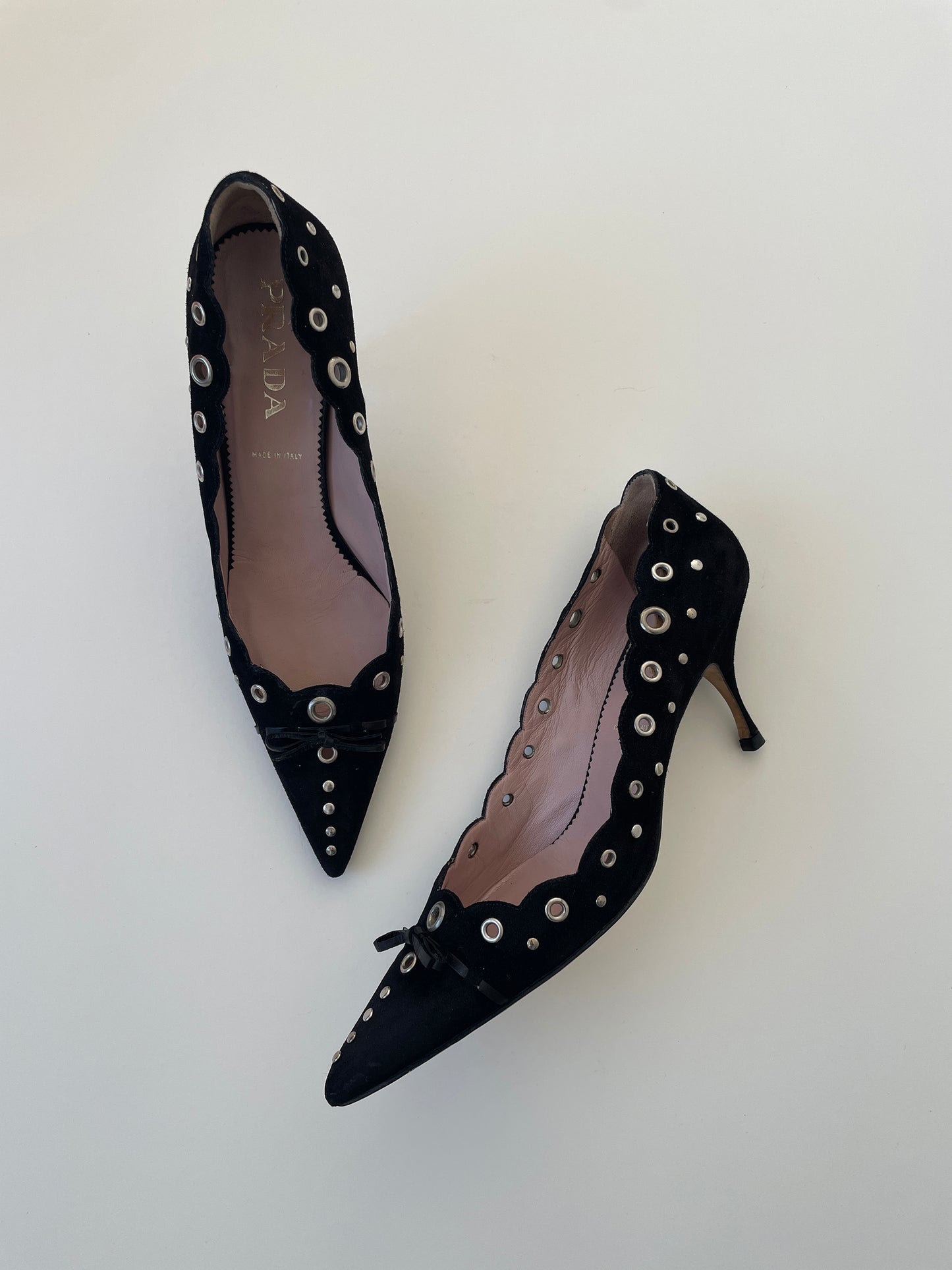 Prada 2000s iconic suede black eyelet bow heels