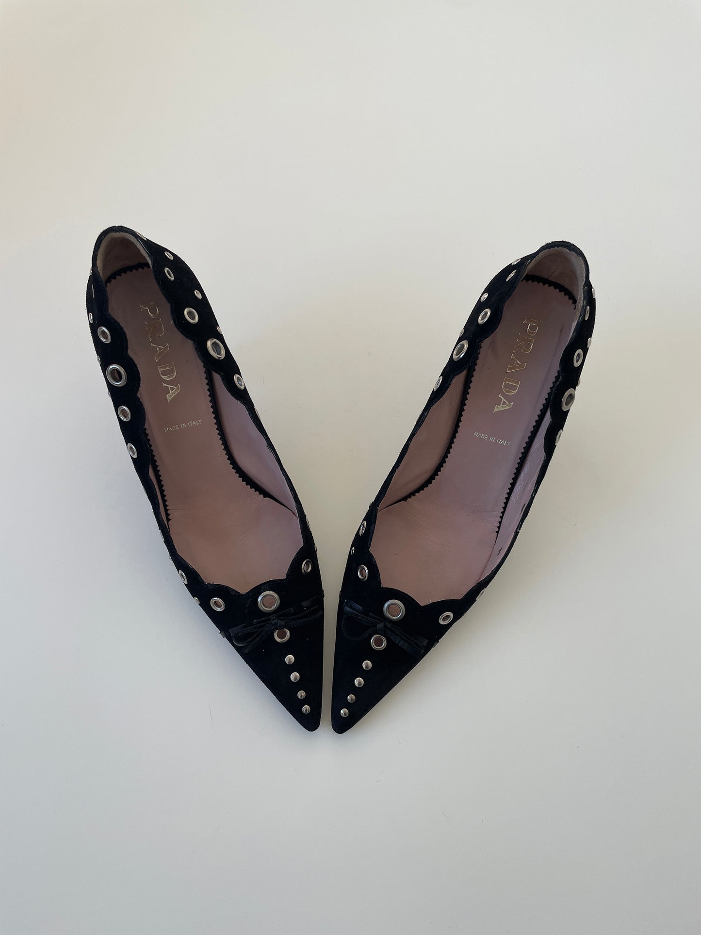 Prada 2000s iconic suede black eyelet bow heels