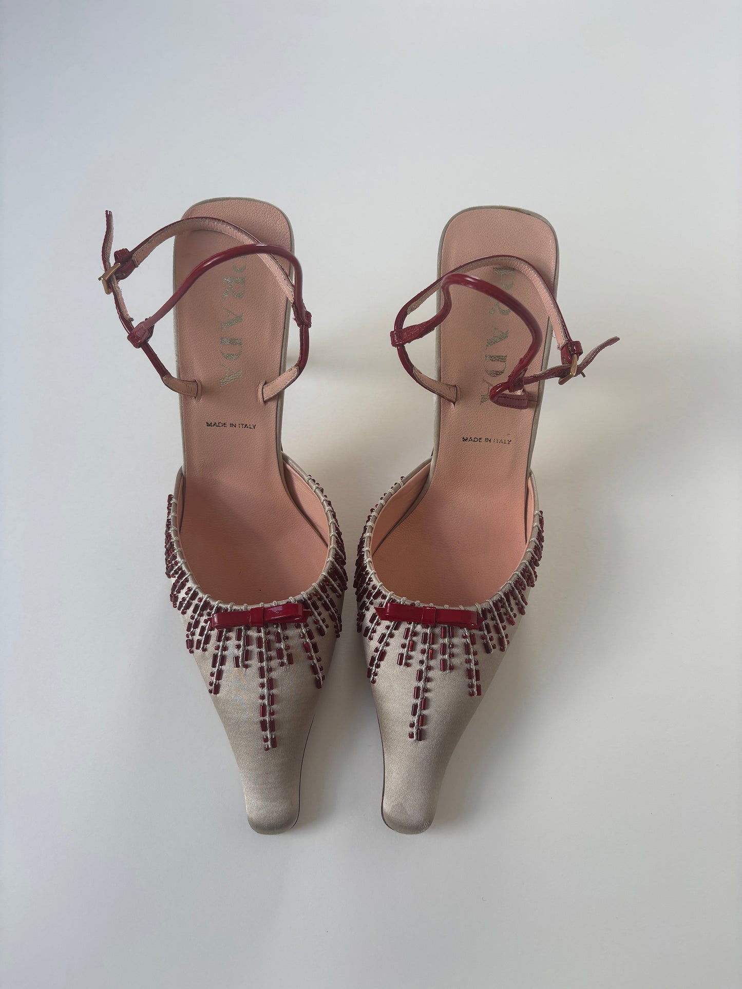 Prada 2000s iconic ivory beaded bow satin heels (EU 38 / US 7.5)