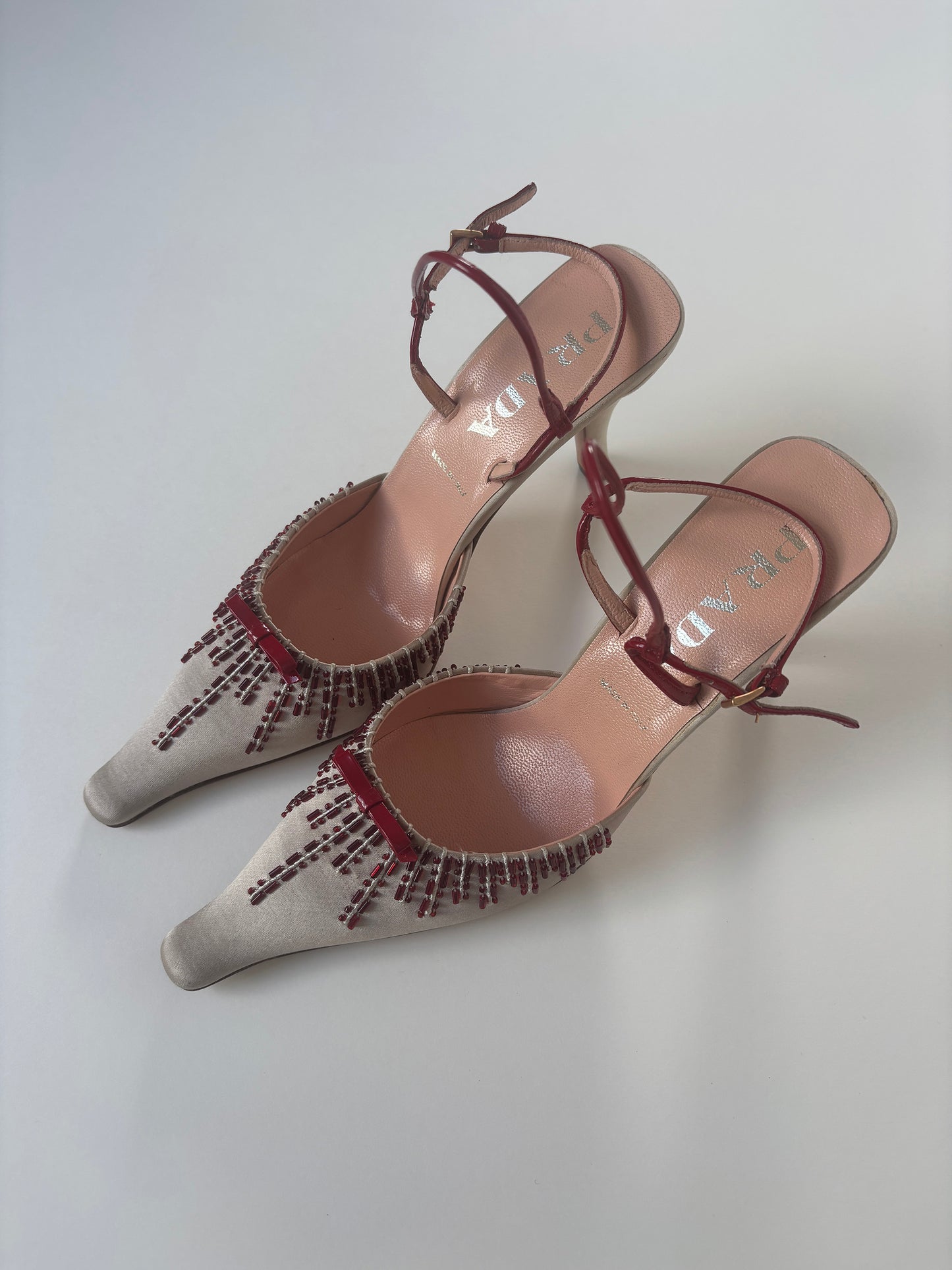 Prada 2000s iconic ivory beaded bow satin heels (EU 38 / US 7.5)