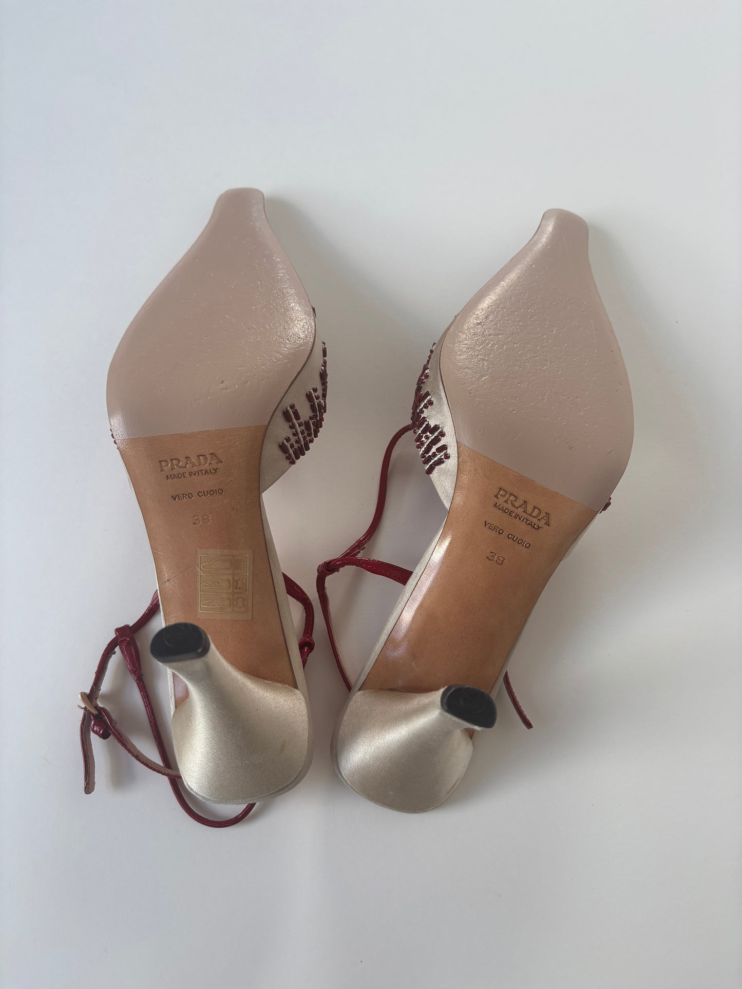 Prada 2000s iconic ivory beaded bow satin heels (EU 38 / US 7.5)