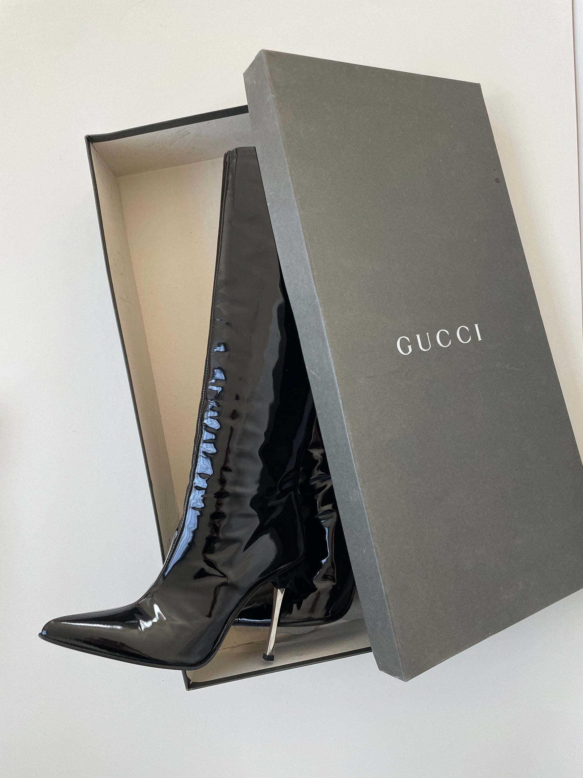 Vintage Gucci by Tom Ford iconic F/W 1997s black patent leather runway boots