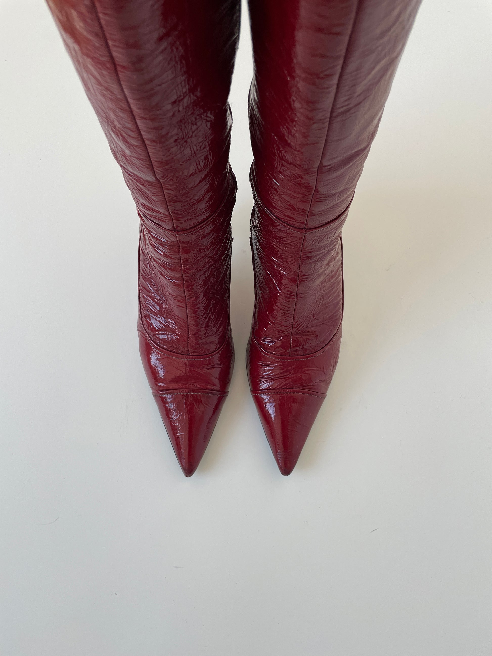 Vintage Miu Miu 1990s rare crinkly patent leather kitten heel boots