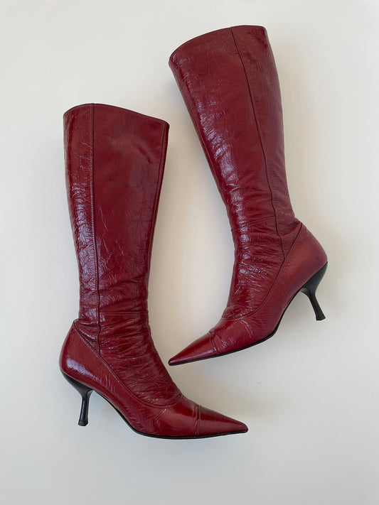 Vintage Miu Miu 1990s rare crinkly patent leather kitten heel boots