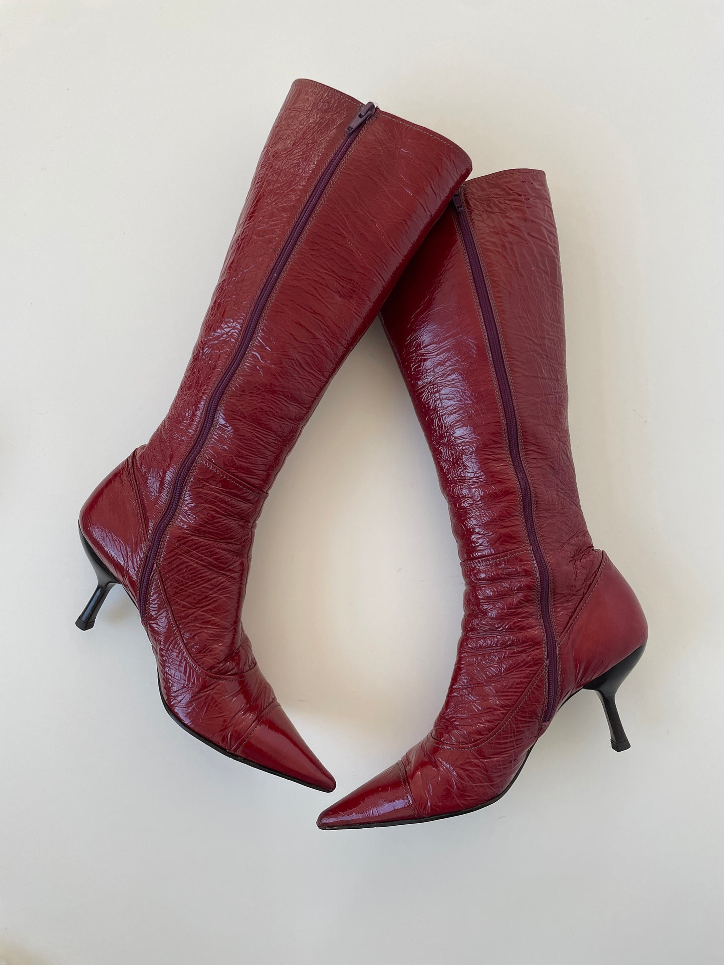 Vintage Miu Miu 1990s rare crinkly patent leather kitten heel boots