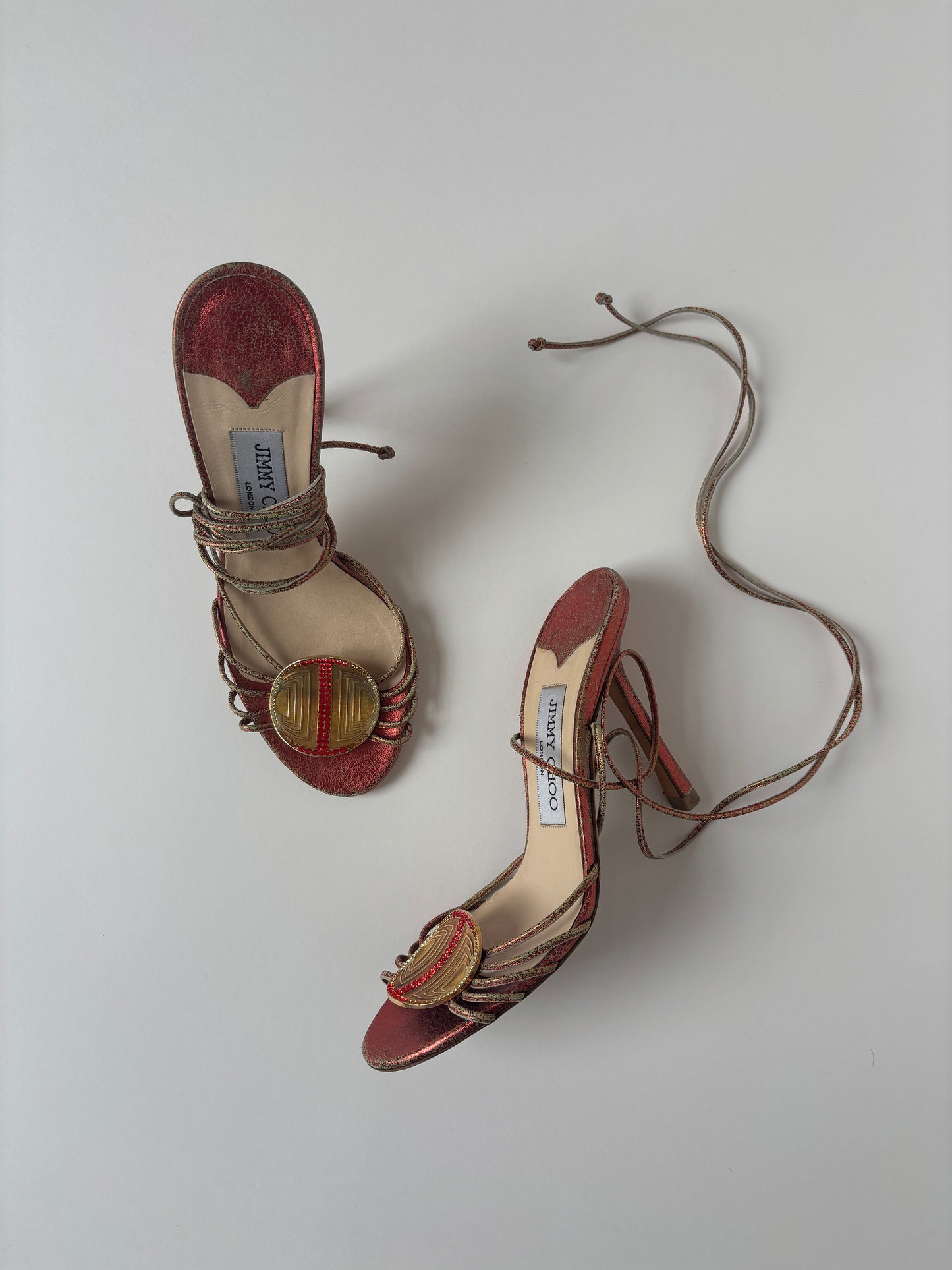 Jimmy Choo 2000s red metalic strappy jewelry heels  (EU 35,5 / US 5)