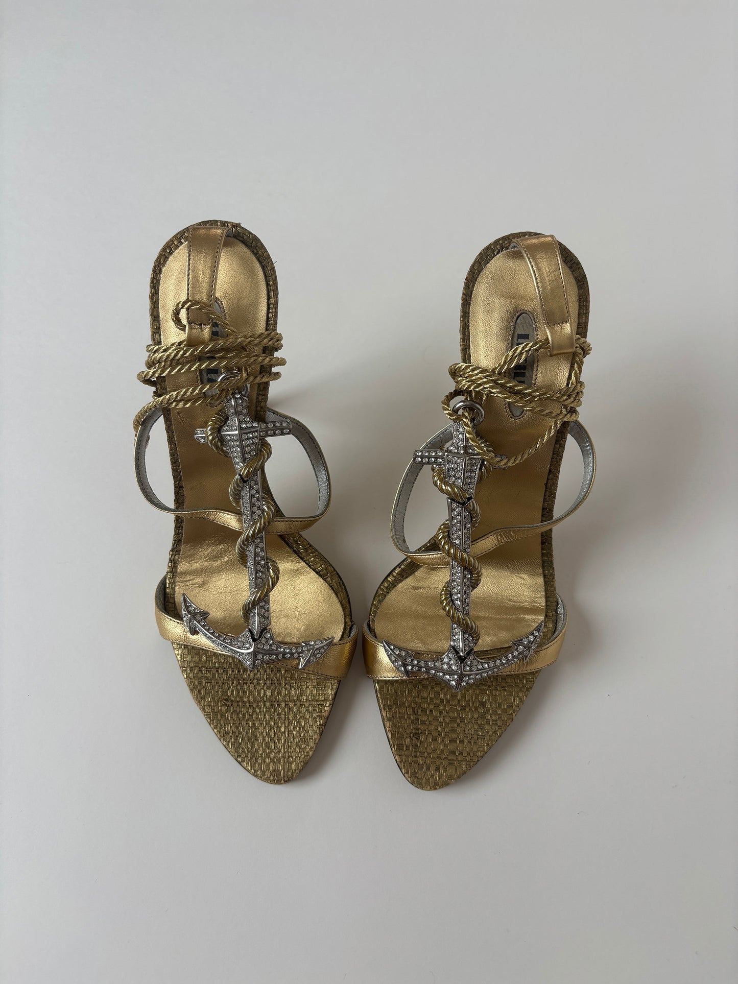 LE SILLA 2000s golden ankle strap jewelry anchor heels UNWORN  (EU 36,5 / US 6)