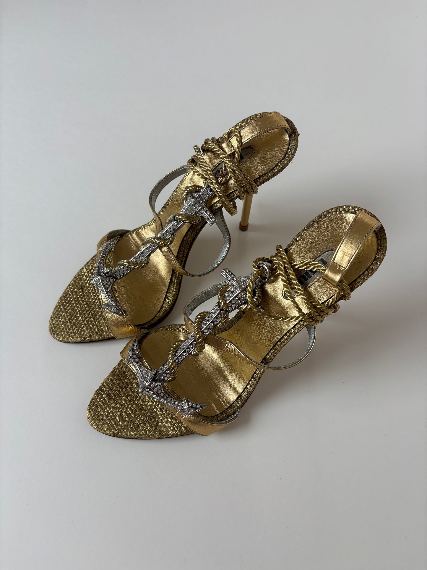 LE SILLA 2000s golden ankle strap jewelry anchor heels UNWORN  (EU 36,5 / US 6)