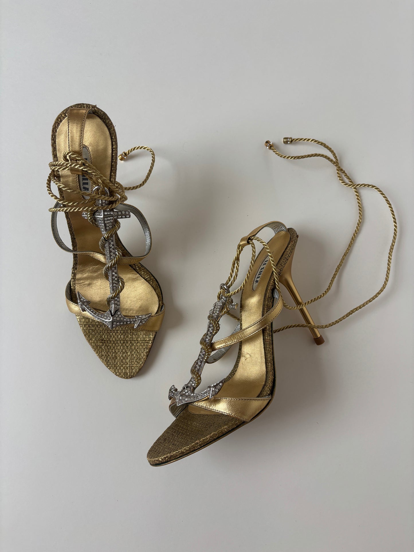 LE SILLA 2000s golden ankle strap jewelry anchor heels UNWORN  (EU 36,5 / US 6)