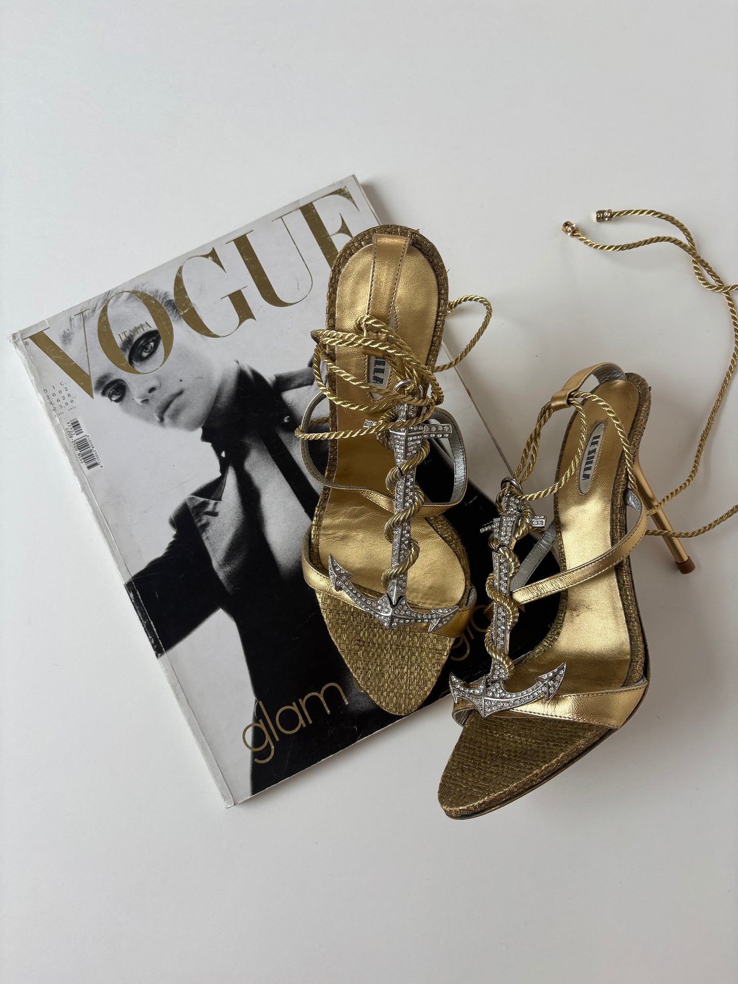LE SILLA 2000s golden ankle strap jewelry anchor heels UNWORN  (EU 36,5 / US 6)