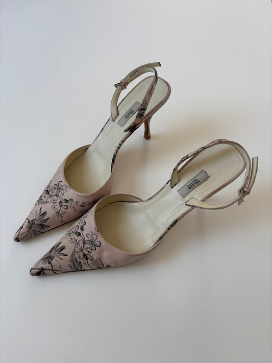 Prada 2000s light pink floral satin sling back heels (EU 40 / US 9.5)