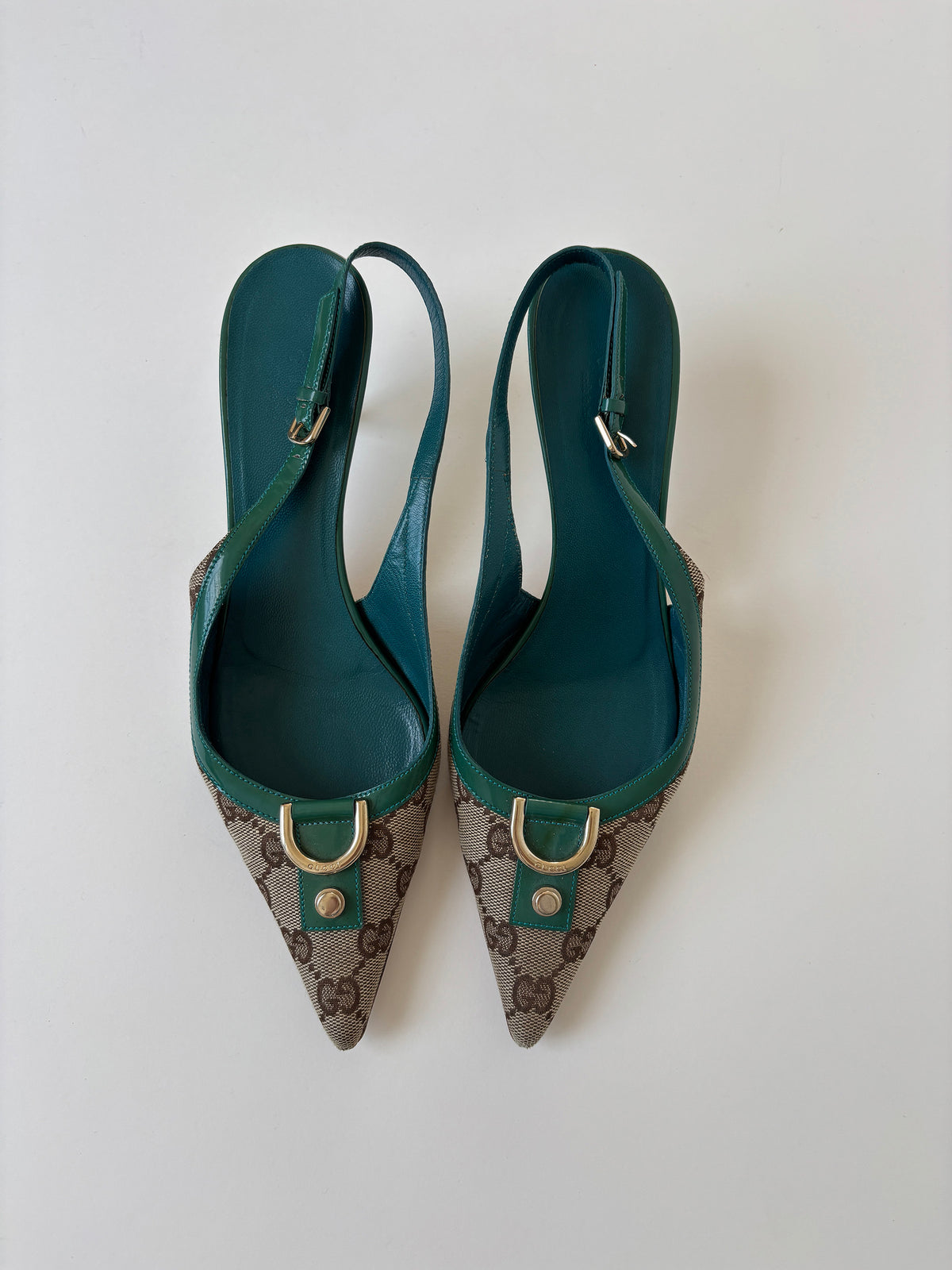 Gucci by Tom Ford 2000s turquoise D-Ring monogram sling back kitten heels (EU 37,5 / US 7)