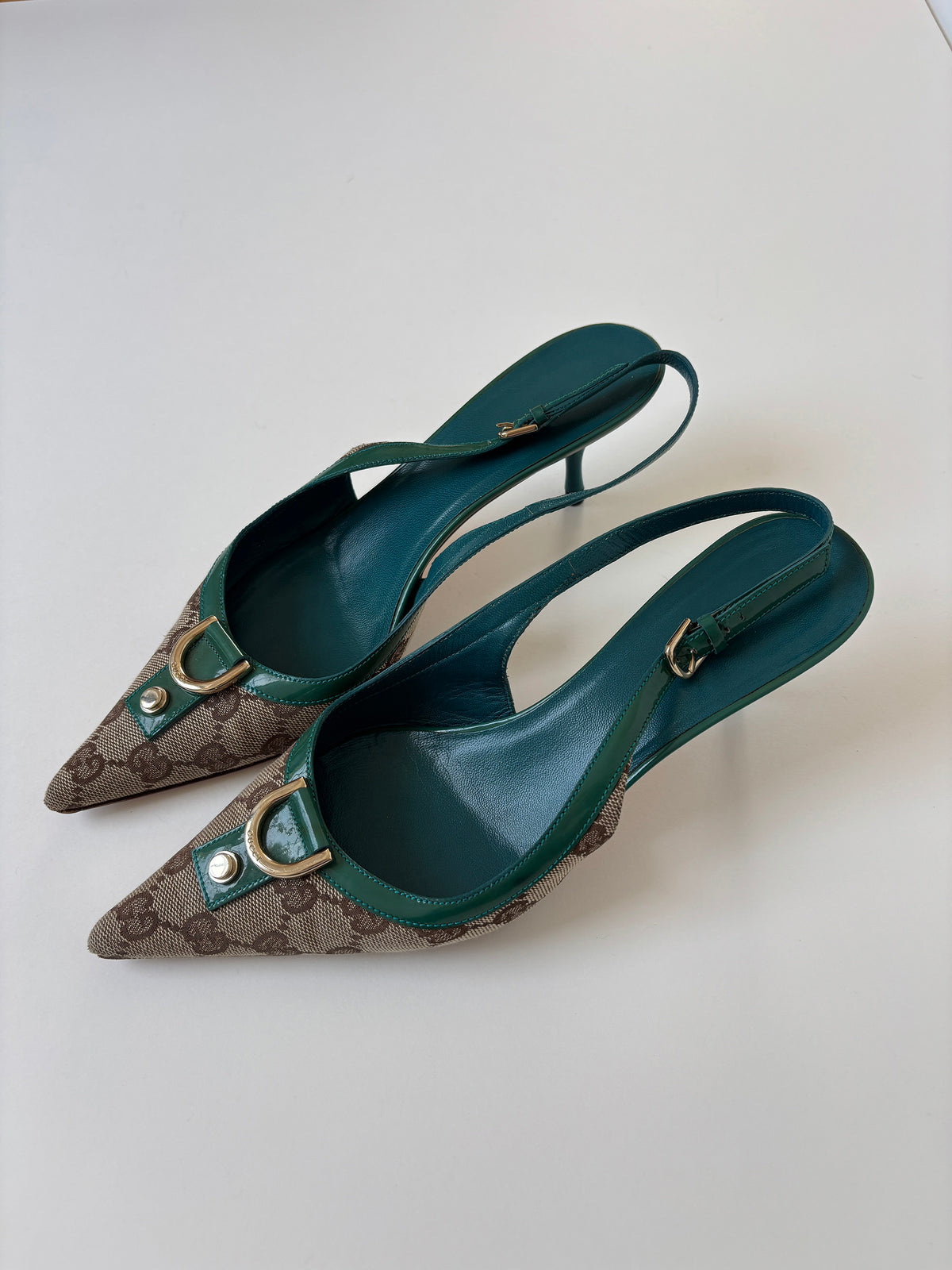 Gucci by Tom Ford 2000s turquoise D-Ring monogram sling back kitten heels (EU 37,5 / US 7)