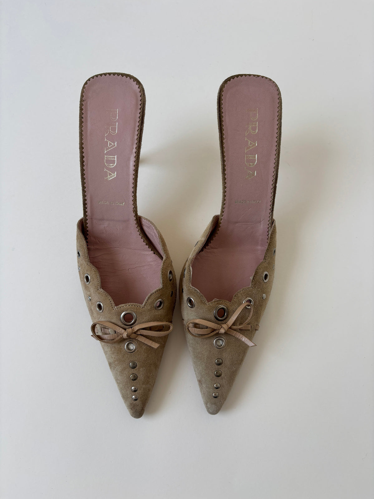 Prada 2000s iconic suede eyelet bow mules (EU 38 / US 7.5)