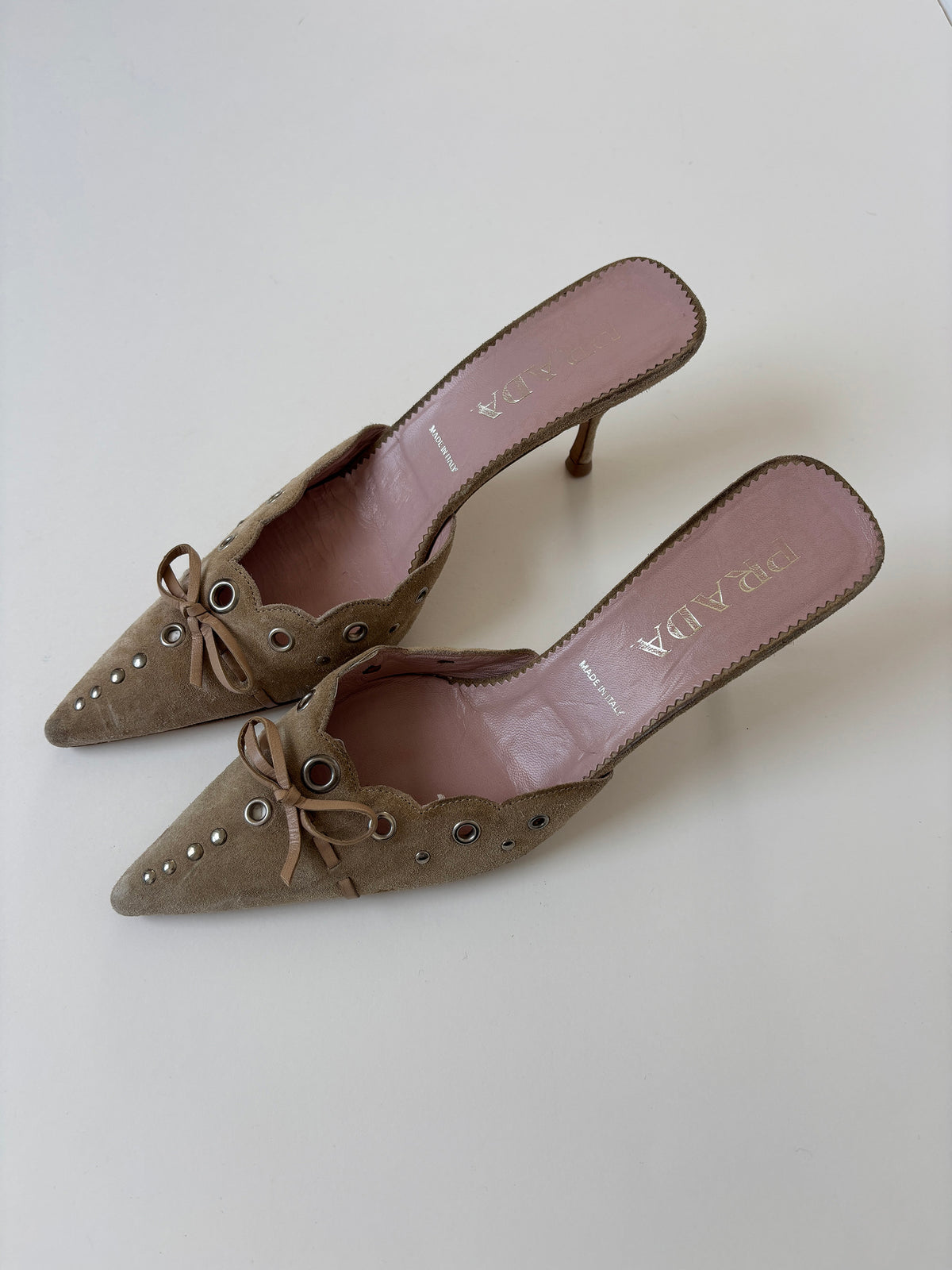 Prada 2000s iconic suede eyelet bow mules (EU 38 / US 7.5)