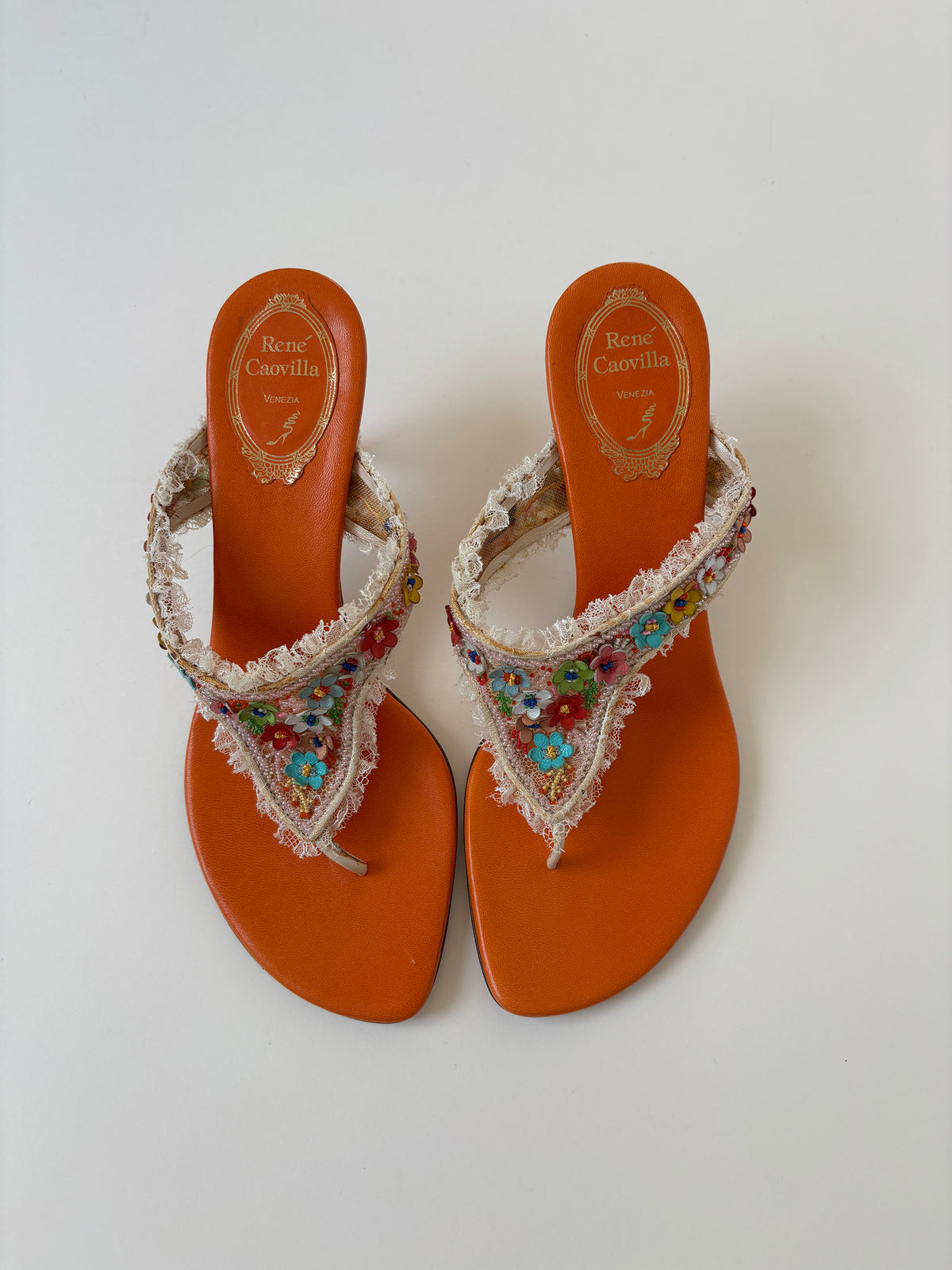 Rene Caovilla 2000s orange lace floral thong kitten heels UNWORN (EU 37,5 / US 7)