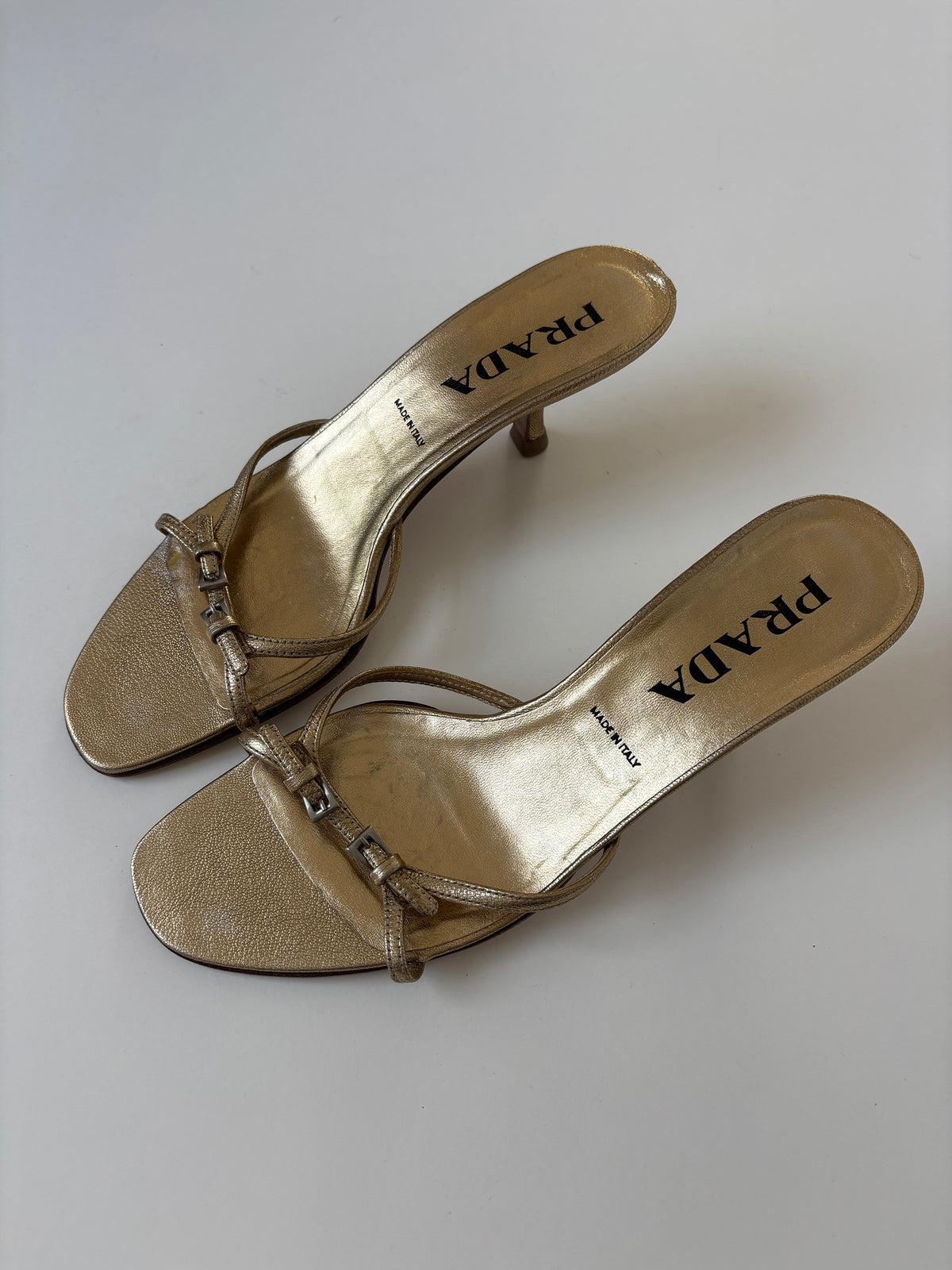 Prada 2000s golden skinny strappy kitten heels (EU 39,5 / US 9)