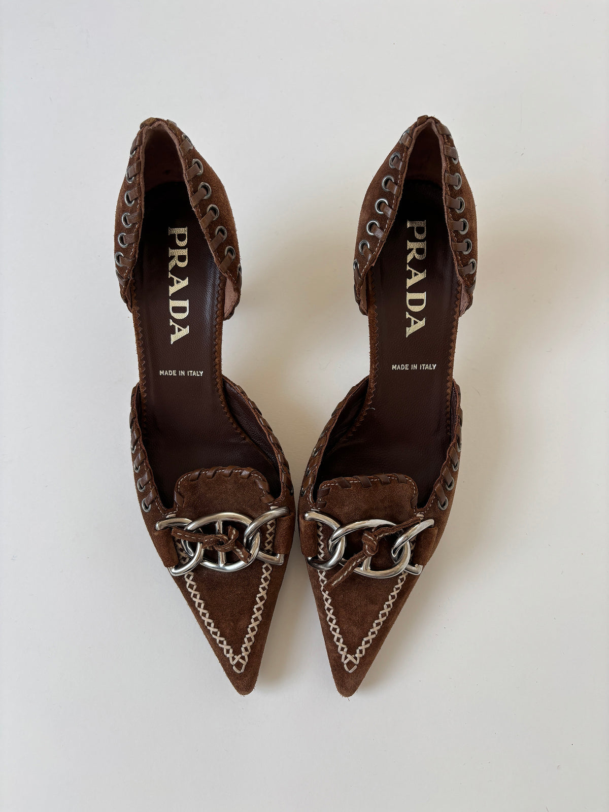 Prada 2000s brown suede leather silver chain kitten heels (EU 36/ US 5.5)