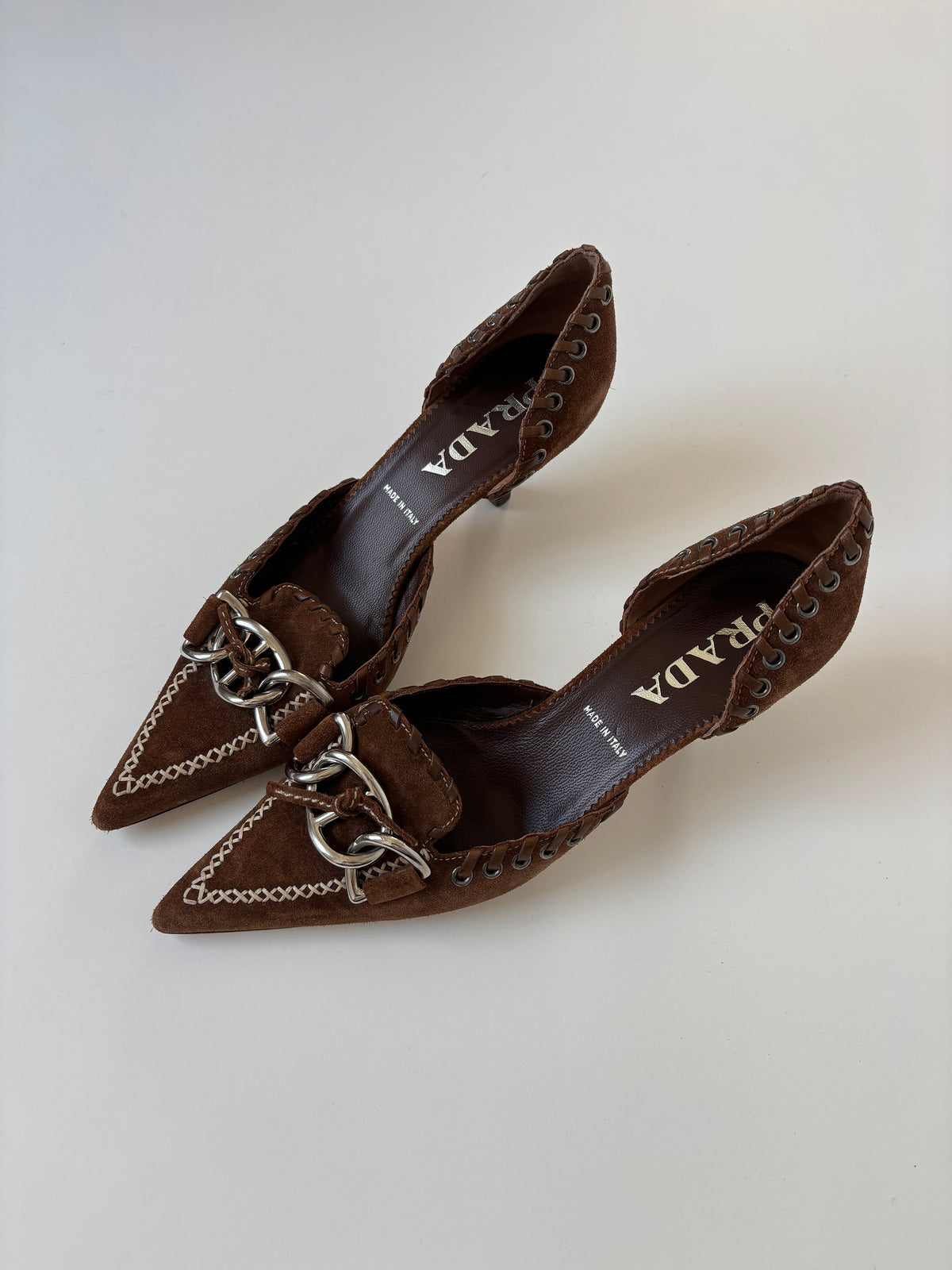 Prada 2000s brown suede leather silver chain kitten heels (EU 36/ US 5.5)