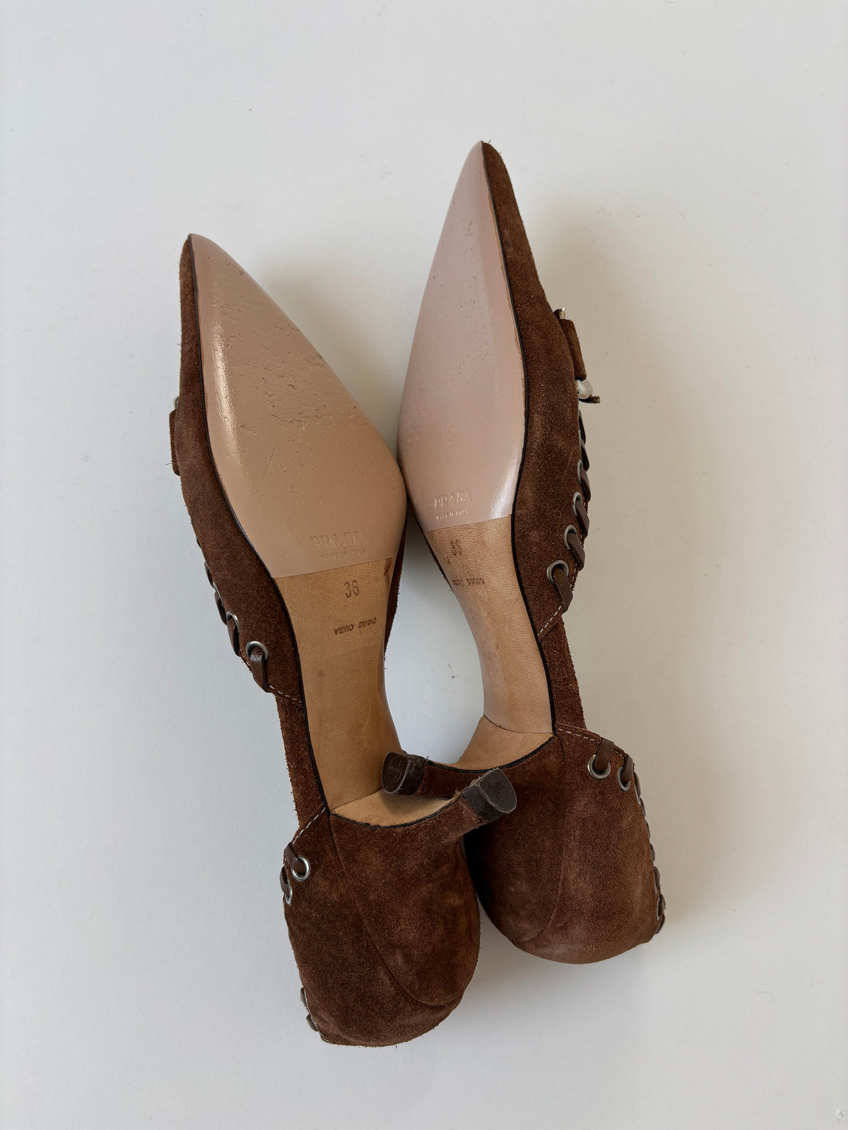 Prada 2000s brown suede leather silver chain kitten heels (EU 36/ US 5.5)