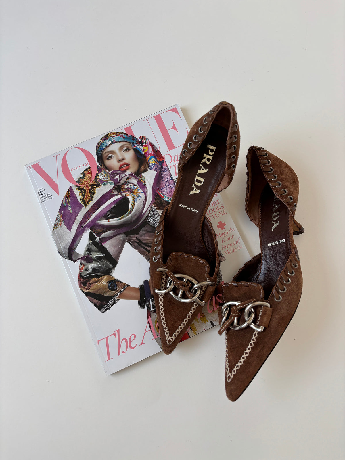 Prada 2000s brown suede leather silver chain kitten heels (EU 36/ US 5.5)