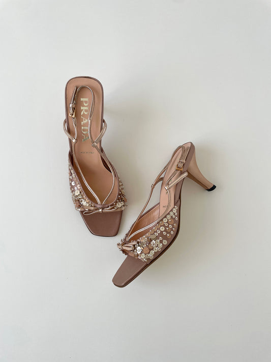 Vintage Prada 2000s iconic rose silk sequin and bow kitten heel sandals