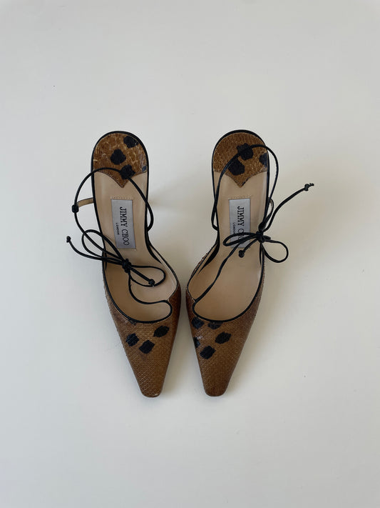 Vintage Jimmy Choo 2000s brown python heels with skinny strappy adjustable bow strap.