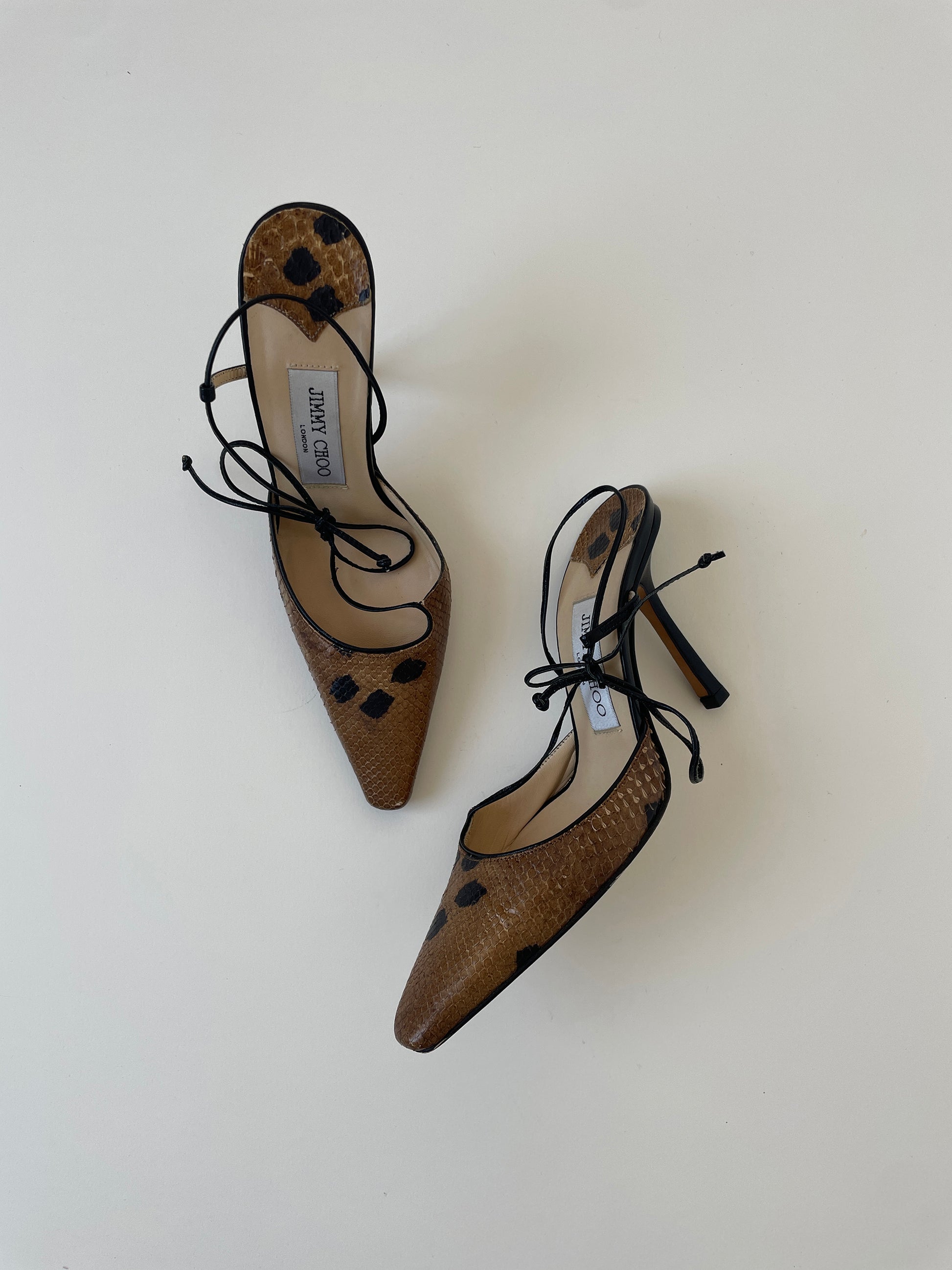 Vintage Jimmy Choo 2000s brown python heels with skinny strappy adjustable bow strap.
