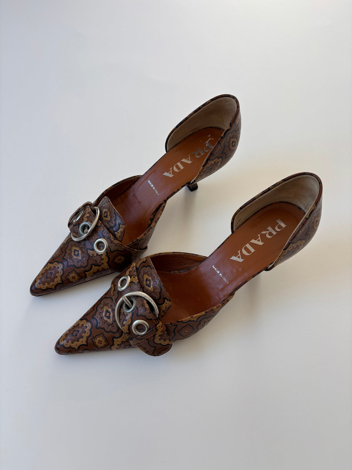 Prada S/S 2002 tan pattern silver buckle kitten heels  (EU 36/ US 5.5)