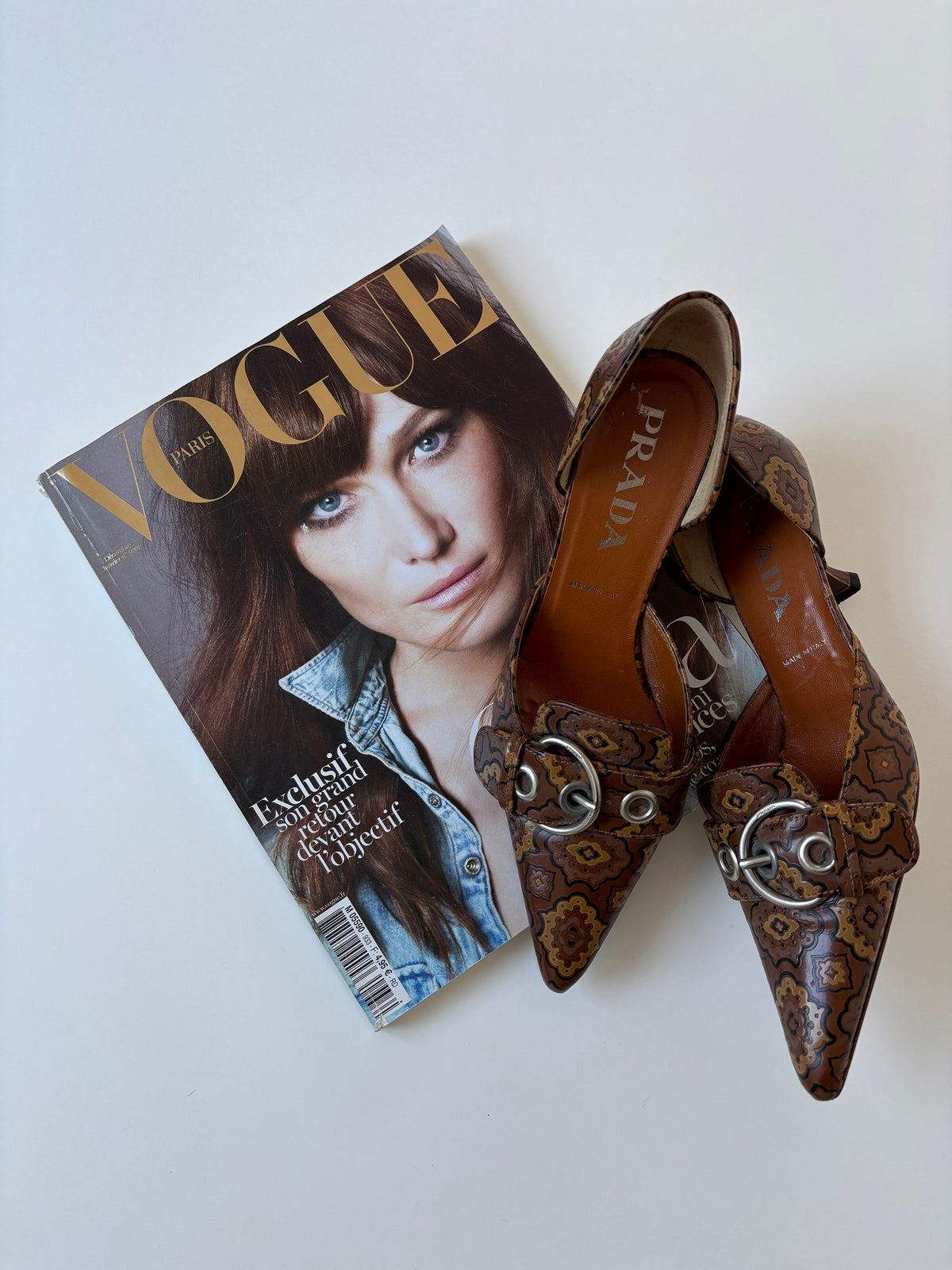 Prada S/S 2002 tan pattern silver buckle kitten heels  (EU 36/ US 5.5)