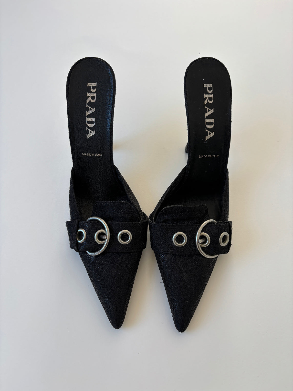Prada S/S 2002 black glittery brocat silver buckle kitten heel mules  (EU 39 / US 8.5)